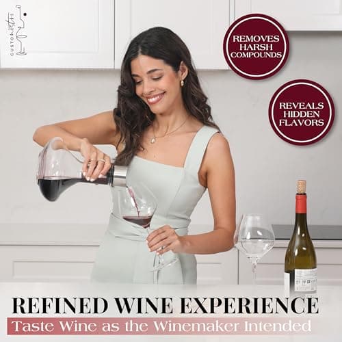 Gusto Nostro Crystal Wine Decanter with Aerator Pourer - Premium Hand-blown Lead-free Glass Wine Decanter Set for Red Wines - Carafe with Lid Filter for Smooth Pouring - Stainless Steel Spout Included