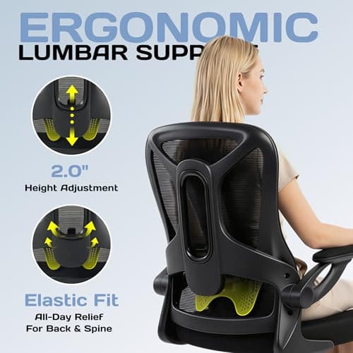 Ergonomic Office Chair, 300 lbs Heavy Duty Mesh Computer Chair with Adjustable Lumbar Support, 90° Flip-up Arms Space Saving Desk Chair, Mid Back Breathable Task Chair for Home Office, Black