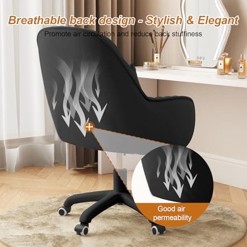 JPBSTO Upholstered Desk Chair with Pillow Swivel Rolling Accent Chair for Women Girls, Adjustable Height Vanity Chair with Wheels for Living Room, Home Office, Black