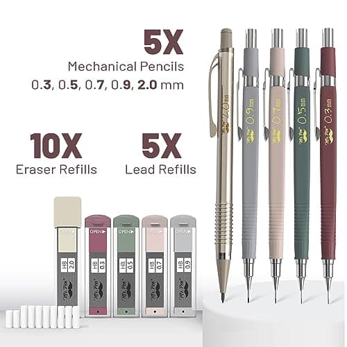 Mr. Pen- Art Mechanical Pencil Set, 5 Vintage Mechanical Pencils (0.3, 0.5, 0.7, 0.9, 2.0mm), 5 HB Lead Refills & 10 Eraser Refills, Precision Drawing Pencils for Sketching, Writing & Artwork