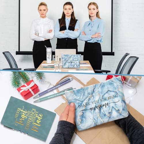 Domensi 6 Pcs Employee Appreciation Gift Set for Women Female Christmas Thank You Gift May You Be Proud 20 oz Rustic Marble Sign Tumbler Makeup Bag Journal for Teacher Nurse Lady Work Business(Blue)