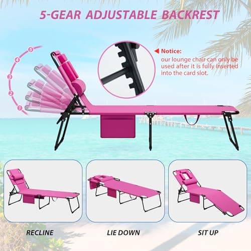 400lbs Tanning Chair, 5-Fold Beach Lounge Chair with Face Hole & 2 Side Pockets, Non-Slip Foot & Portable Handle, Beach Chaise Lounge for Patio/Pool/Lawn(1, Pink)