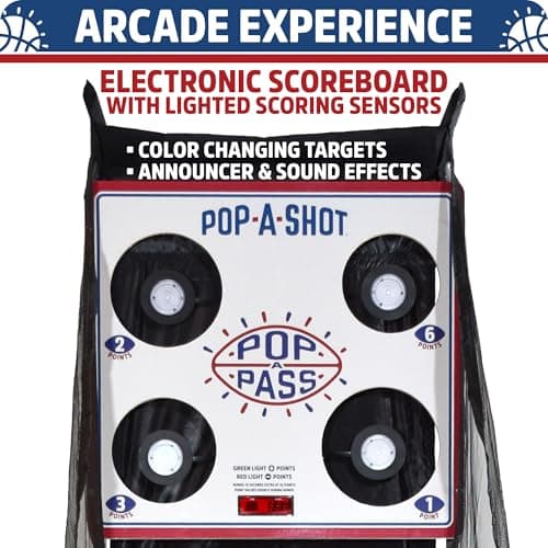Pop-A-Shot Official Pop-A-Pass Electronic Arcade Style Football Toss Game | 4 Inflatable Mini Footballs | Foldable, Portable, Tote Bag Included