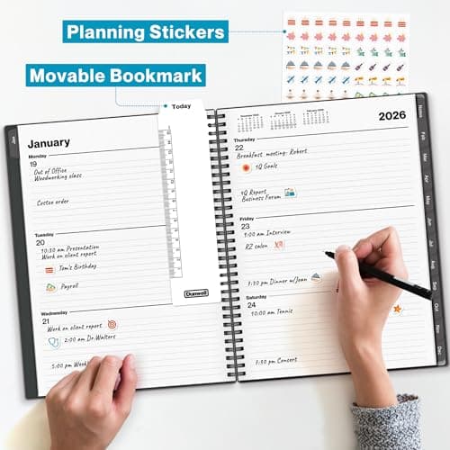 Dunwell 2026 Planner Book 8.5x11, Weekly Monthly Calendar, Jan to Dec, Large Daily Organizer with Laminated Tabs, Bookmark, Notes Section & Stickers
