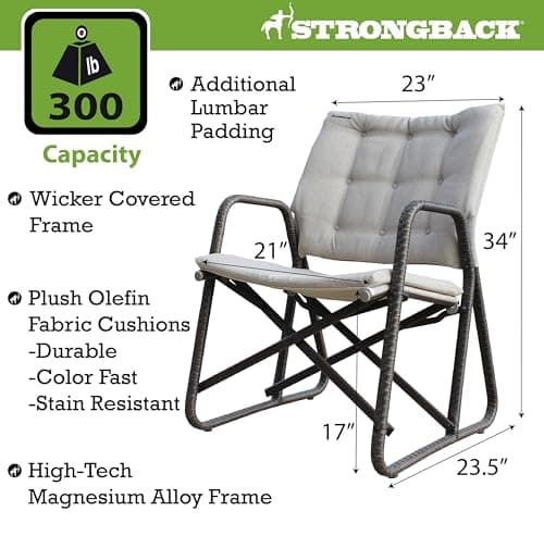 STRONGBACK Folding Patio Chair - Ergonomic Design for Back Pain Relief - 21" Seat Width/300 lb Capacity - Plush Olefin Cushions/Durable Magnesium Alloy Frame - Lightweight/Portable Outside Chairs
