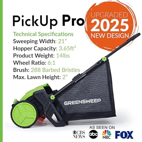 Pickup Pro 2 Leaf & Lawn Sweeper – Push Powered Garden Sweeper for Grass Clippings, Leaves & Debris – Manual Push Yard Sweeper with Height Adjustment & Large Collection Hopper