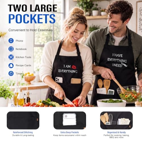 YIKA® Apron Couples, Christmas Gifts for Couples: Waterproof Aprons for Women Men, with Adjustable Neck Strap with Extra Long Ties, 2 Pockets (Black)