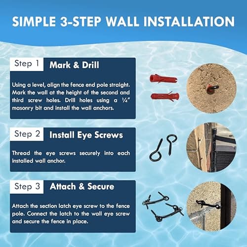 Pool Fence Wall Attachment Kit Black – for DIY Mesh Safety Fencing, Pool Fence, Brick, Block, Stucco, & Wood Walls - Fence Attachment Kit Includes Anchors, Eye Screws & Pool Fench Latches