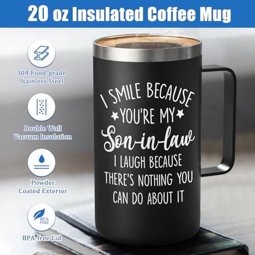 Lifecapido Son in Law Gifts, I Smile Because You’re My Son-in-law 20oz Insulated Coffee Mug, Birthday Christmas Gifts for Son in Law, Black
