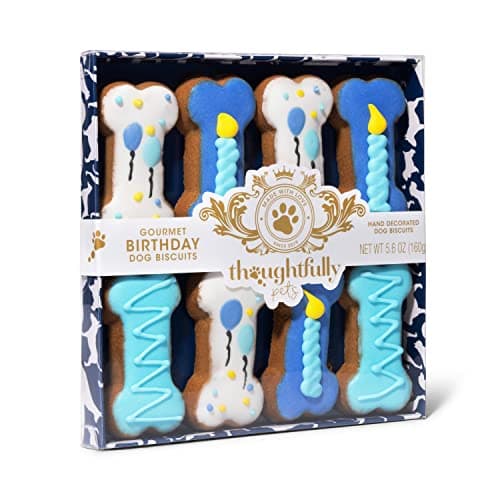 Thoughtfully Pets, Blue Dog Birthday Cookie Gift Set, Hand Decorated Crunchy Dog Treats in Bone Shapes, Great for Birthdays, Set of 8