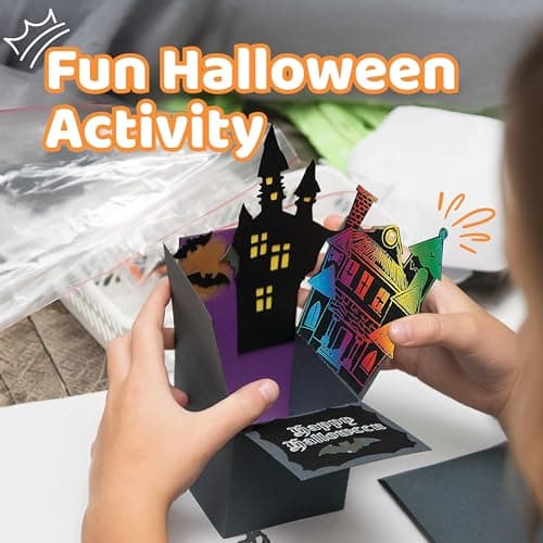 Halloween Magic Scratch Crafts for Kids and Adults - DIY Halloween Decorations - Haunted House Arts and Crafts Ornaments - Includes 24 Haunted House Ornaments, 24 Scratch Sticks, 24 Satin Cord Ribbons
