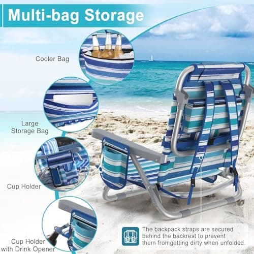 Suteck Backpack Beach Chairs for Adults, 5-Position Lay Flat Reclining Chair with Cooler Pouch, Cup Holder, Towel Bar, 2-Pack Portable Folding Beach Chair for Lawn Outdoor (1, Light Blue)