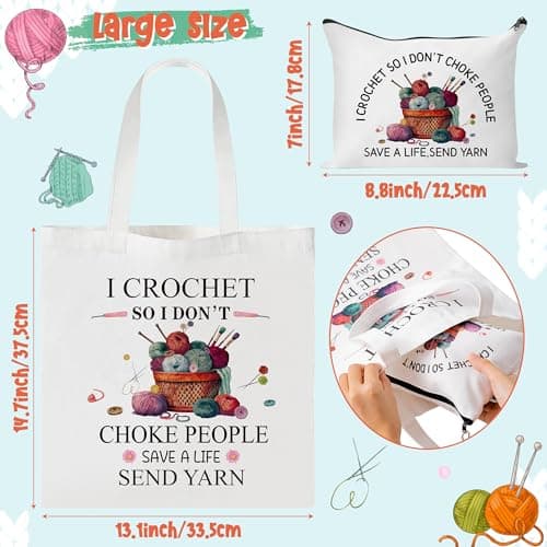 Y1tvei Crochet Canvas Tote Bag - 2Pcs Cosmetic Pouch Tote Bag Reusable Grocery Folding Shopping Bag for Crocheters Women