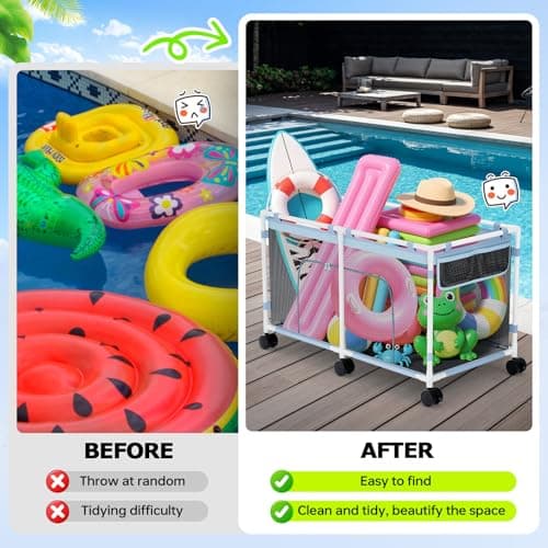 Pool Float Storage - Outdoor Pool Toy Storage Organizer for Pool Noodles, Toys, Floats, Beach Balls, and Equipment, Above Ground Pool Accessories, Rolling Outdoor Pool Storage Bin with Zipper Design