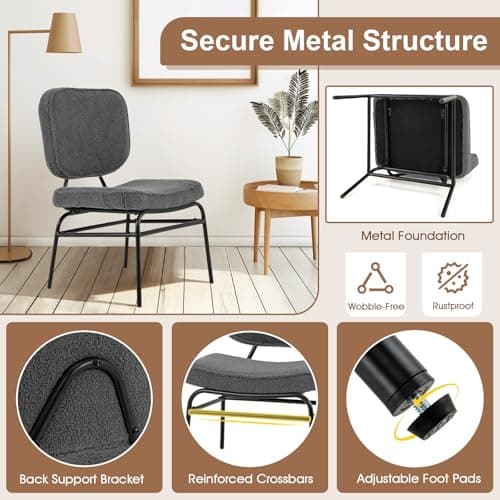Giantex Modern Armless Accent Chair - Sherpa Reading Chair with Sponge Padding, Adjustable Foot Pads & Metal Frame, Upholstered Side Chair for Living Room, Bedroom & Reading Room, Grey