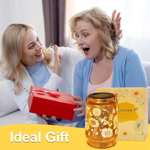 Sunflower Solar Lanterns Outdoor Waterproof, Christmas Gifts for Women Mom Grandma, Metal Hanging Lantern Solar Lights LED Decoration with Shepherd Hook Outside for Yard, Patio, Porch, Garden Decor