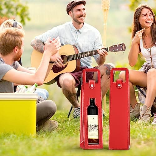 Wine Gift Bag, Reusable Leather Wine Tote Carrier, Single Bottle Champagne Beer Gift Bags Carrier for Birthday, Wedding, Picnic Party, Christmas Gifts (Red)