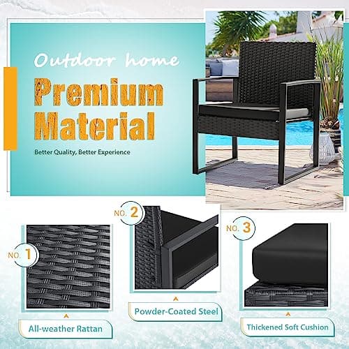 Flamaker 3 Pieces Outdoor Patio Wicker Furniture Set, Modern Rattan Chair Conversation Sets with Coffee Table for Yard and Bistro (Black)