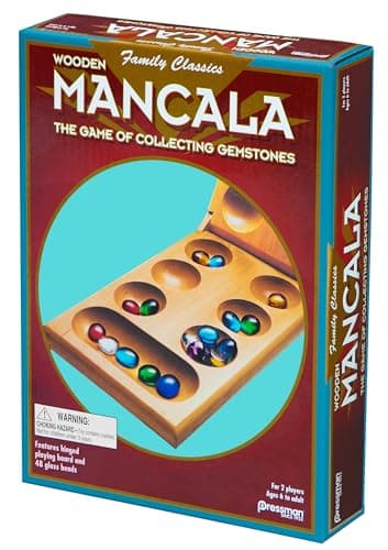 Pressman Mancala Board Game | Fun Classic Table for Adults & Kids | Includes 48 Glass Mancala Stones and Wood Hinged Playing Board | 2 Players, Ages 6+