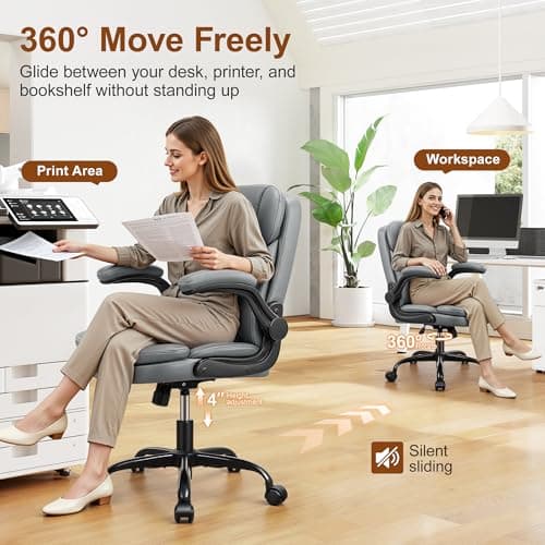 Leather Office Chair, Upgraded PU Computer Desk Chairs with Double-Layer Seat Cushion and Neckrest, 360°Swivel, Ergonomic Small Gaming Chair with Wheels and Adjustable Armrests for Short People, Grey