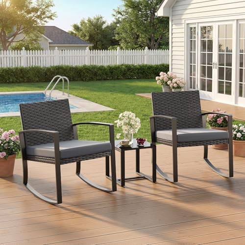 3 Pieces Outdoor Patio Furniture Set Rocking Bistro Set Outdoor Rattan Conversation with Coffee Table for Garden Balcony Backyard Poolside (Grey Cushion)