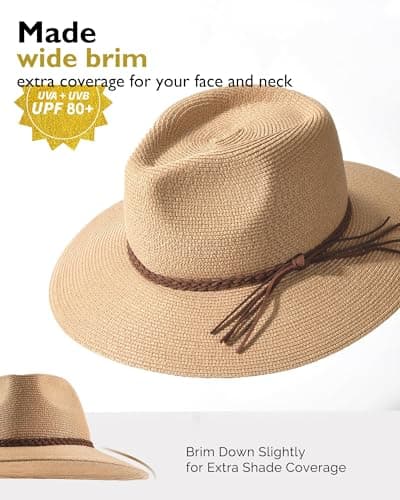 FURTALK Sun Hats for Women Summer Wide Brim UV UPF 80+ Panama Fedora Foldable Packable Straw Beach Hat
