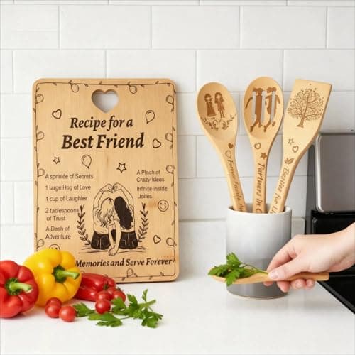 Recipe for a Best Friend Gift Set, Bamboo Cutting Board with Engraved Utensils, Unique Kitchen Gifts for Women, Bestie Gifts for Birthday, Christmas, Housewarming, Graduation, Long Distance Friendship