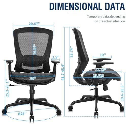 ELABEST Ergonomic Mesh Office Chair,Comfy Computer Desk Chair - BIFMA 5.1 Certified Commercial Swivel Task Chair for Home Office - Adjustable Lumbar Support & Armrests,Tilt Function,Wide Seat (Black)