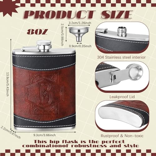 Hip Flask with Funnel, Groomsmen Wedding Birthday Gift Occasions, Custom Whiskey Alcohol Bottle for Dad Grandpa Liquor Baderke Leather 8 oz Flask for Men Groomsmen Gift, Black, Brown, Letter B B0CTTMJWGT