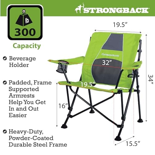 STRONGBACK Camping Chair Guru Heavy Duty Camping Chairs with Lumbar Support - Backpack Folding Camp Chair - Lime Green