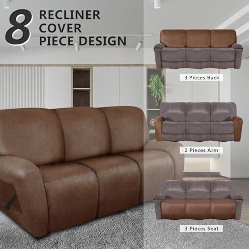 molasofa Recliner Sofa Covers - Leather Like Recliner Sofa 3 Seater Recliner Couch Covers for 3 Cushion Couch 8 Pieces Washable Stretch Reclining Sofa Slipcovers (Brown)