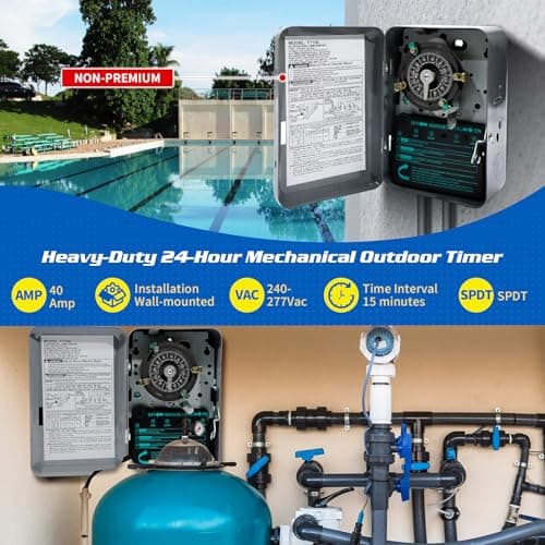 T104M Mechanical Time Switch Mechanism Only, 208-277 VAC DPST 5HP 40A Time Switch, Heavy Duty Electromechanical Timer, 24 Hour 12 ON/Off for Pool Pump HVAC Fans Water Heater Lights