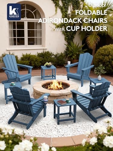 KINGYES Folding Adirondack Chair Set of 2, HDPE All-Weather Patio Chairs with Cup Holder, Wooden Textured Fire Pit Chairs Recliner for Poolside, Backyard, Deck, Navy