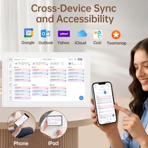 Real-time Google, Outlook and iCloud sync keeps every family member organized, with meal planning and no subscription fees. 15.6" Digital Calendar Wall Touch Screen, Chore Chart, Photo Frame, Bases B0GBVS5NX1