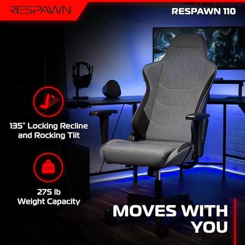 Respawn 110 Ergonomic Gaming Chair - Reclining Office Video Game Swivel Chair with Lumbar Support, Headrest, Heavy Duty, High Back, Racing Style Gaming Recliner Seat for Computer Gamer - Gray Fabric