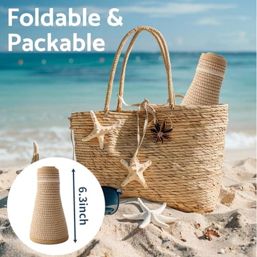 NPJY Sun Hats for Women Wide Brim Roll-Up Beach Ponytail Hat Packable Foldable Travel Straw Visor
