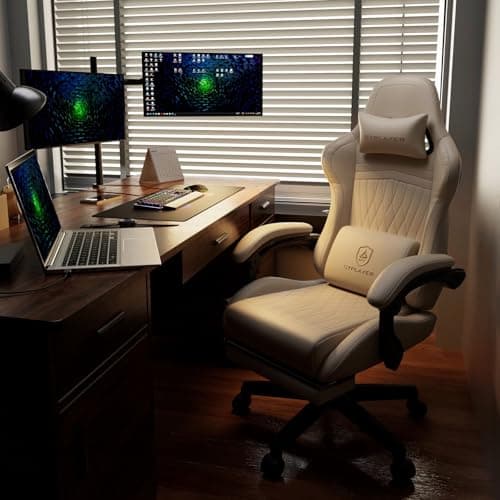 GTPLAYER ACE-PRO Music Gaming Chairs – Built-in Speakers, App Support & Bluetooth Control, Computer Game Chairs with Footrest for Adults, Ergonomic Reclining Silla, Linkage Armrest, Ivory