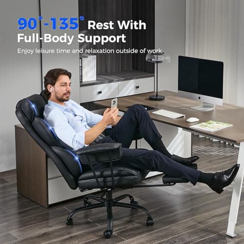amseatec Big and Tall Office Desk Chair - Wide Ergonomic Executive with Footrest, High Back Lumbar Support Reclining Gaming Computer Chair for Heavy People (Black)