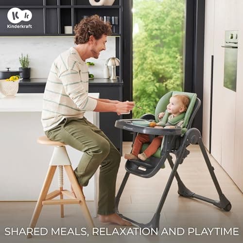 Kinderkraft Tummie, 2-in-1 high Chair, Baby Chair, Ergonomic, Comfortable, Reclining, Foldable, with Ajustable Height, Footrest, Detachable Tray, for Toddler, with Toys, Beige