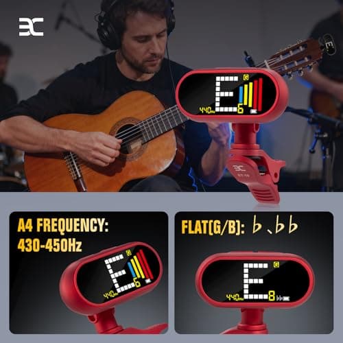 EX Professional Rechargeable Chromatic Clip-On Guitar Tuner — Fast, Ultra-Accurate Clip-On Tuner with Color LCD for Acoustic Guitar, Bass Guitar, Ukulele & Violin, Red