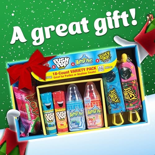 Christmas Candy Variety Pack, 18Ct Assorted Lollipops, Bulk Individually Wrapped Ring Pop, Push Pop, Baby Bottle Pop & Juicy Drop, Birthday Party Favors, Stocking Stuffers, Candy Bowls, Kids Gifts