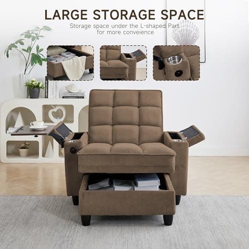 41.7" Oversized Chaise Lounge Chair Indoor, Boucle Upholstered Sofa Bed with Adjustable Backrest, Deep Seat Reading Chair, Sofas Couches for Living Room, Storage, Cup Holders & 360° Swivel Side Table