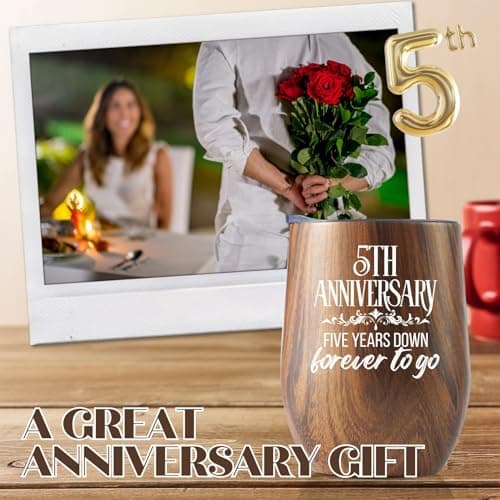 Onebttl 5 Year 5th Anniversary Wood Gift for Him, Husband, Wife, Her, 12oz Wood-grain Stainless Steel Insulated Tumbler for Marriage, Wedding