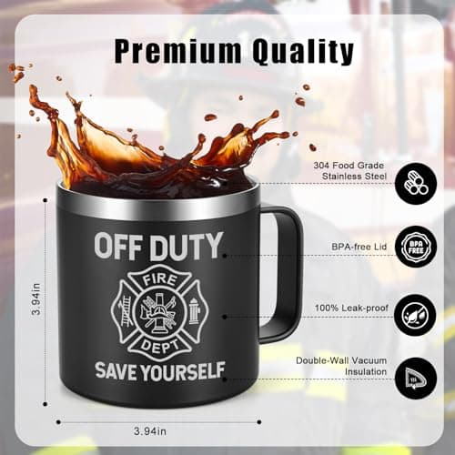 Lifecapido Firefighter Gifts for Men, Off Duty Save Yourself 14 oz Insulated Coffee Mug, Fireman Gifts for Men, Birthday Christmas Gift for Firefighters, Firemen, Boyfriend, Dad, Uncle, Black