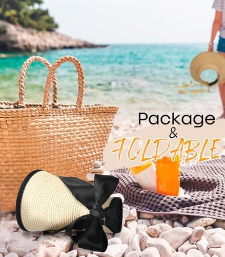 Camptrace Sun Visors for Women Wide Brim Beach Hat Foldable Straw Visor Hat Ponytail Summer Packable UPF 50+
