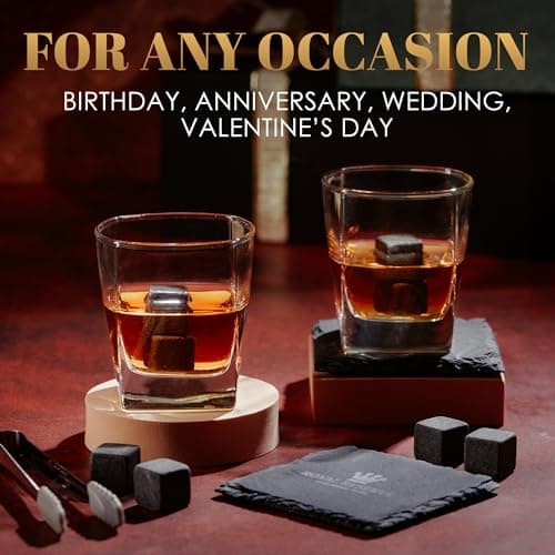 Whiskey Stones Gift Set by Royal Reserve, Artisan Crafted Scotch Bourbon Glasses, Chilling Rocks, Coasters and Tongs – Whiskey Gifts for Men Dad Boyfriend Anniversary or Retirement