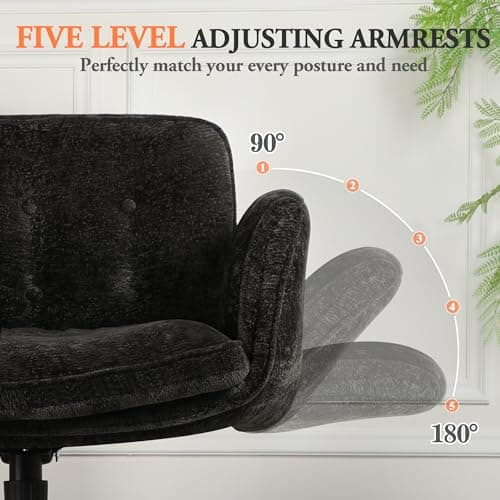 Criss Cross Chair with Wheels & Arms, Chenille Cross Legged Office Chair with 5-level Folding Armrest, Comfortable Adjustable Swivel Vanity Chair for Home, Make Up, Bed Room, Office, Accent (Black).