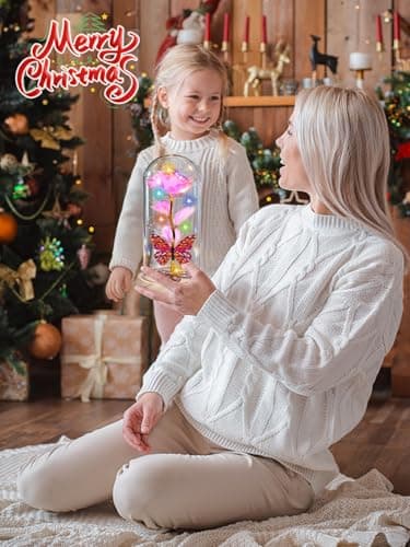 Beferr Christmas Rose Gifts for Women Mom Birthday Gifts, Galaxy Glass Rose Forever Preserved Flowers for Delivery Prime Light Up Rose in Glass Dome with Butterfly Xmas Gifts for Grandma Her Wife