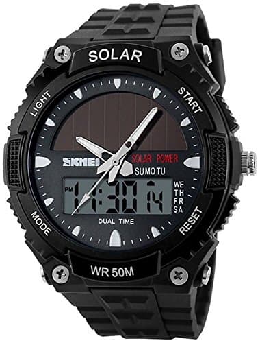 FANMIS Men's Solar Powered Casual Quartz Wrist Watch Analog Digital Multifunctional Black Sports Watch