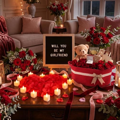 Basket Set with Letter Board, 1000 Rose Petal, 12 Heart LED Light, Romantic Gift Girlfriend Asking Anniversary Surprise Decor Ceenna Will You Be My Girlfriend Proposal Kit, Red, Cute